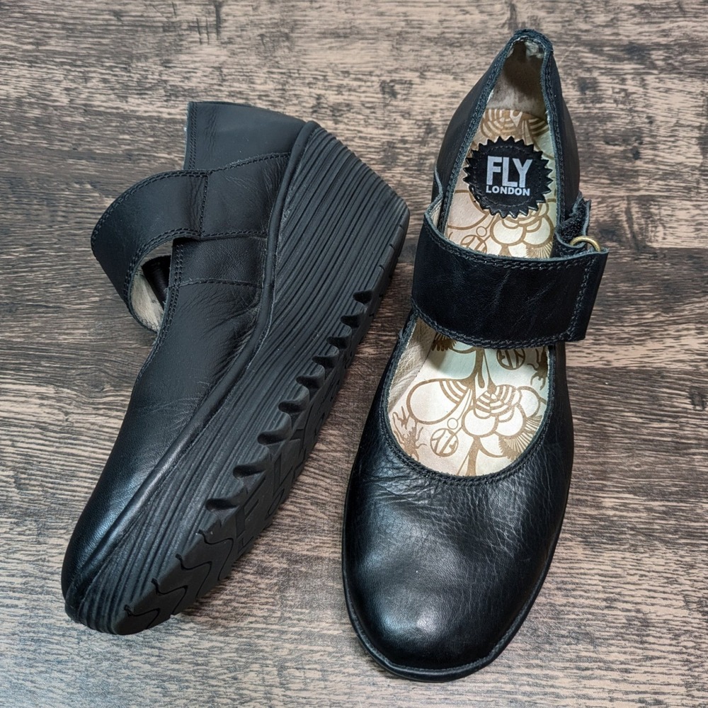 Fly London Black Leather Mary Jane Wedge Platform Shoes Goth Punk EU 40 /9 - 9.5